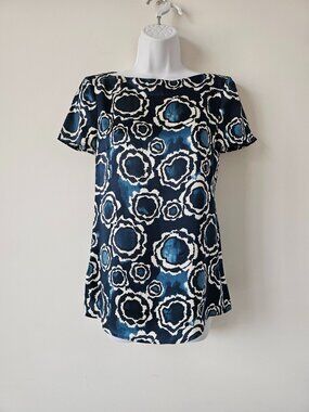 New HUGO BOSS Blue White Multi Silk Print Boat Neck SS Blouse Top Size 0
